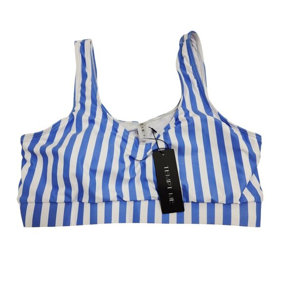 Blue White Striped Bikini Set Scoop Neck Top High Waist Bottoms Size M Tempt Me - Picture 5 of 6